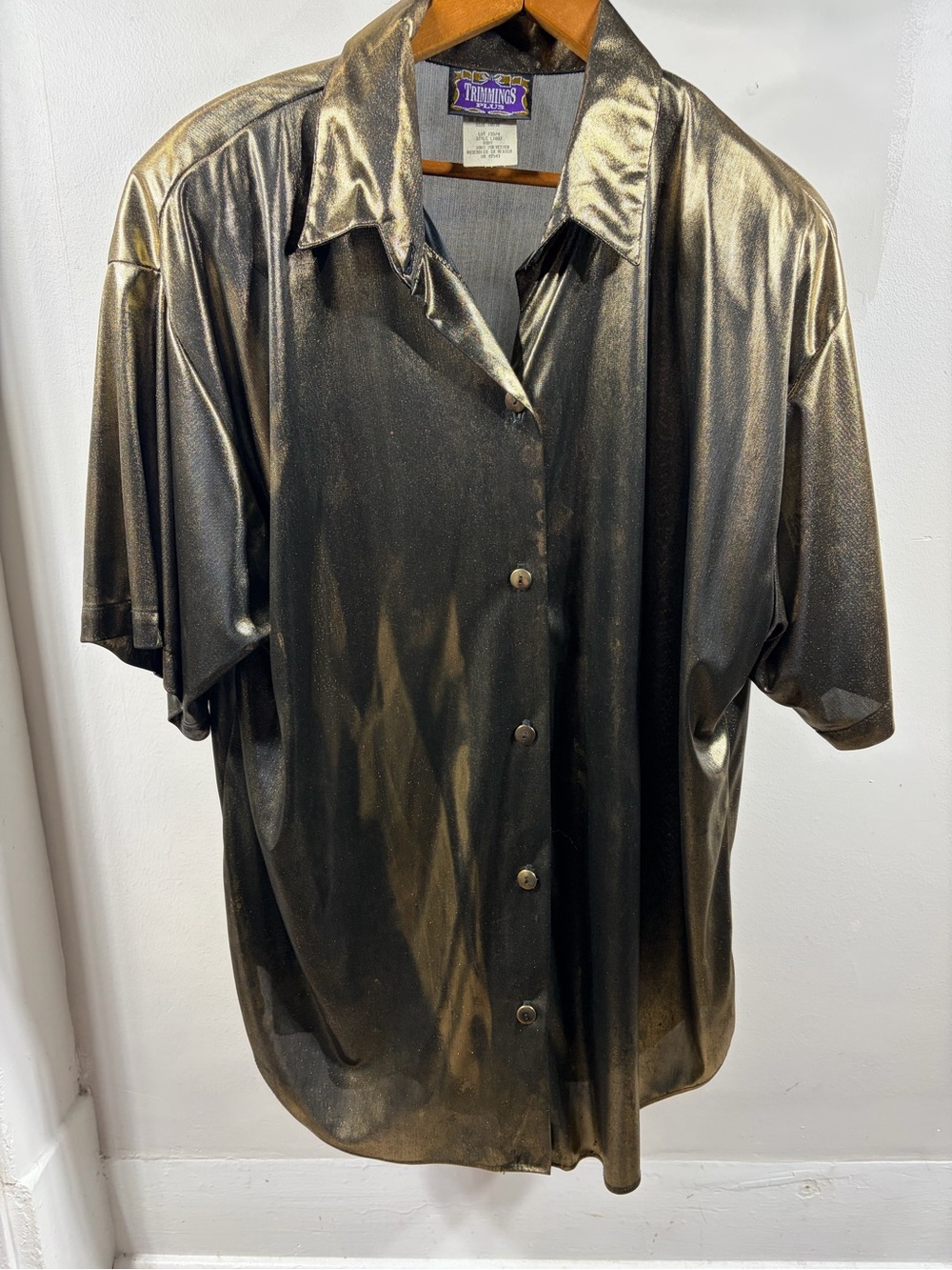 Vintage Trimmings Plus Shimmery Metallic Button Down Shirt Liquid Gold Disco 90s
